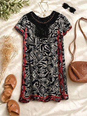 Anthropologie Floreat Abelia Beaded Fringe Shift Dress Boho Embroidered Medium